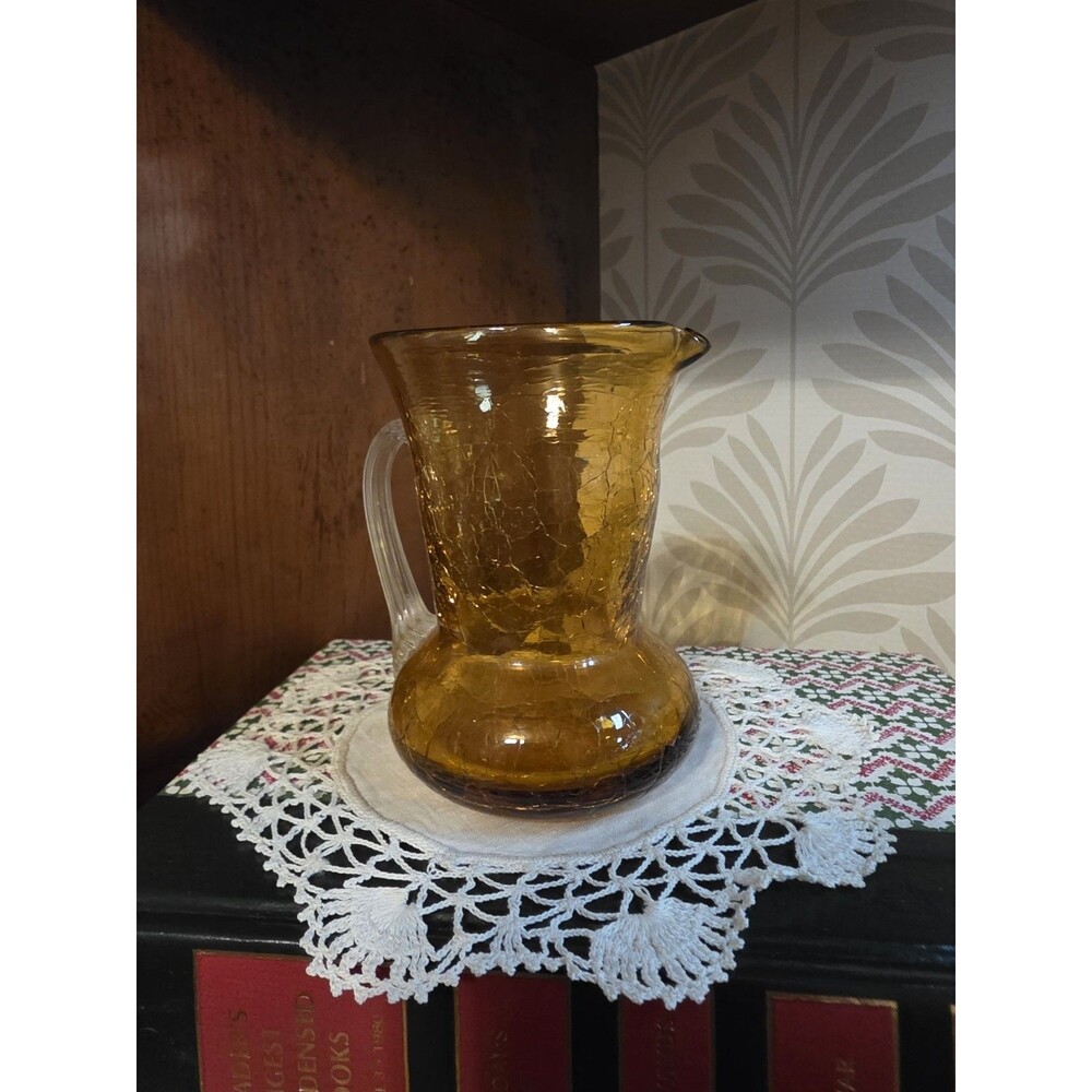 Vintage Pilgrim Amber Crackle Glass Pitcher Vase Hand Blown Clear Handle MCM